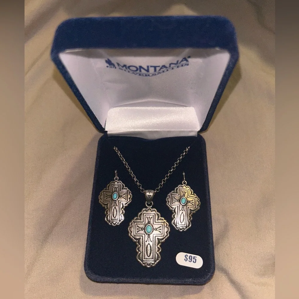 NEW Montana Silversmiths Cathedral Turquoise Silver Cross Set Western Cross - Picture 2 of 6